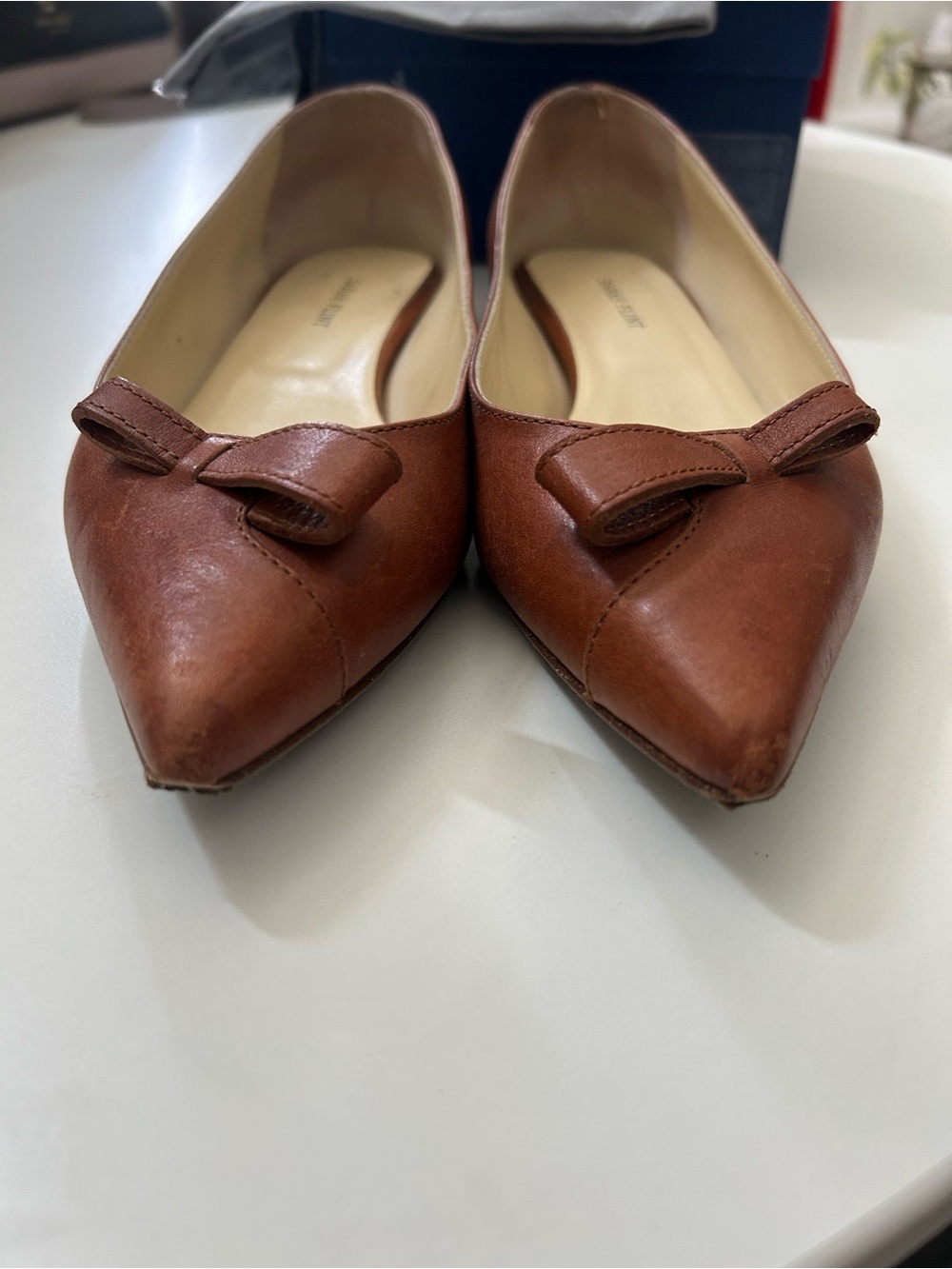 Sarah Flint Natalie Pointed-Toe Bow Flats Women’s Size 37.5, Saddle Vachetta - Picture 3 of 7